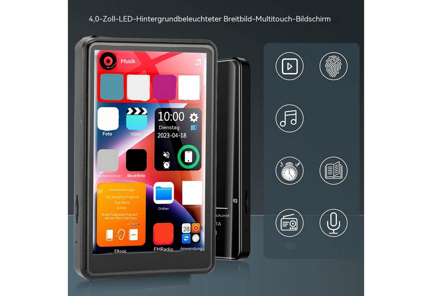 Topcony 16GB MP3 Player Bluetooth 5,0 mit 4" TFT Farbbildschirm HiFi Musik MP3-Player (16 GB, bluetooth, Kinder MP3 Player mit Lautsprecher FM-Radio E-Book Aufn – Bild 5 von 5