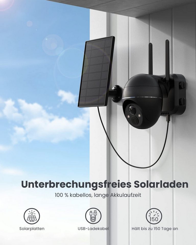 Topcony Überwachungskamera 2K 3MP Security Camera Überwachungskamera Aussen Solar WLAN Akku (Aussen, Außenbereich, Outdoor, Außen, Kabellos Überwachungskamera W – Bild 2 von 5