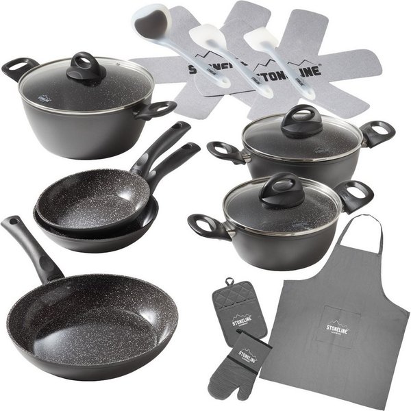 STONELINE Topf-Set STONELINE® 17-teiliges Koch-Set, mit Glasdeckeln, Keramik, Aluminium (Set, 17-tlg), mit echten Steinpartikeln, induktionsgeeignet