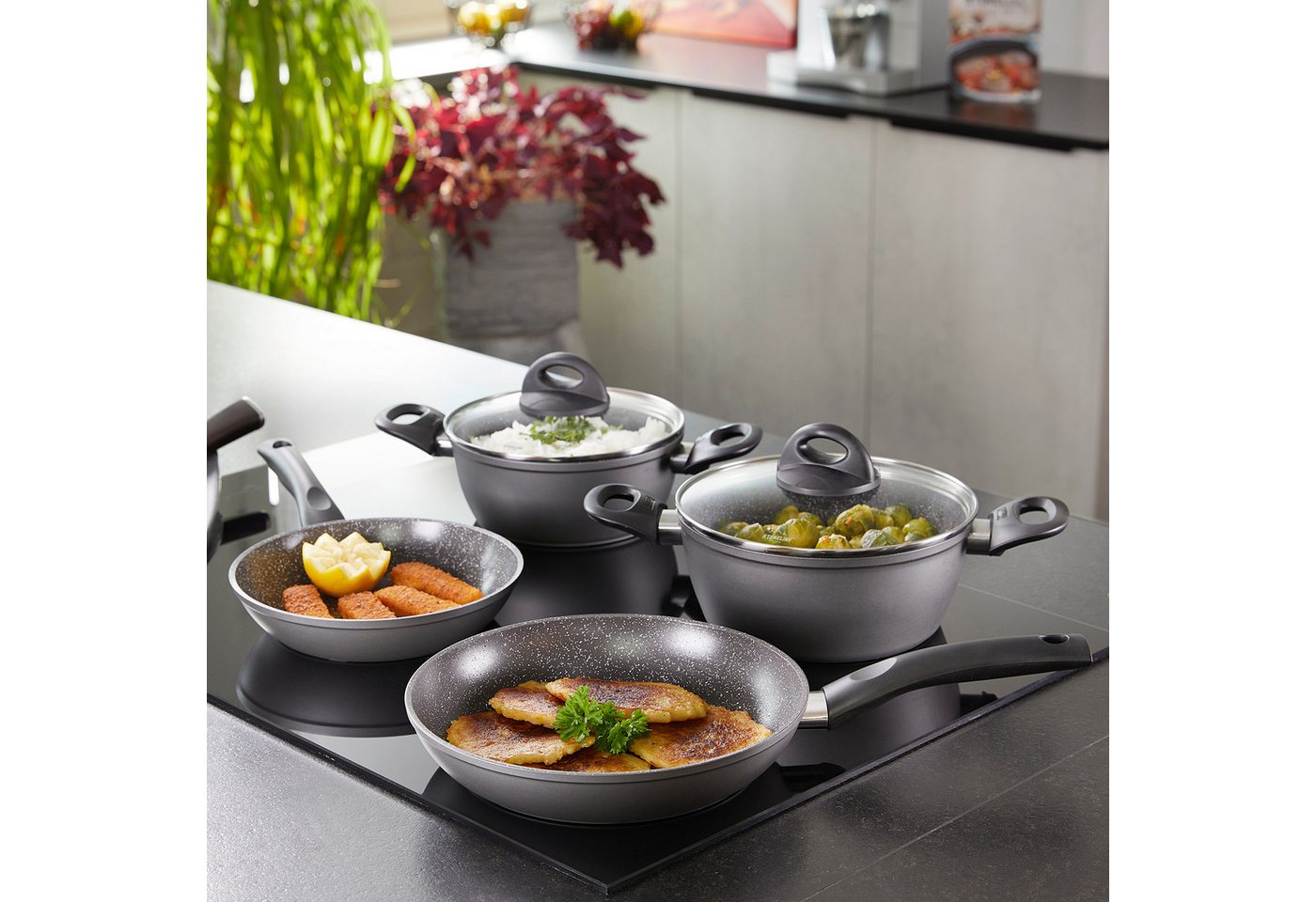 STONELINE Topf-Set STONELINE® 17-teiliges Koch-Set, mit Glasdeckeln, Keramik, Aluminium (Set, 17-tlg), mit echten Steinpartikeln, induktionsgeeignet – Bild 4 von 5