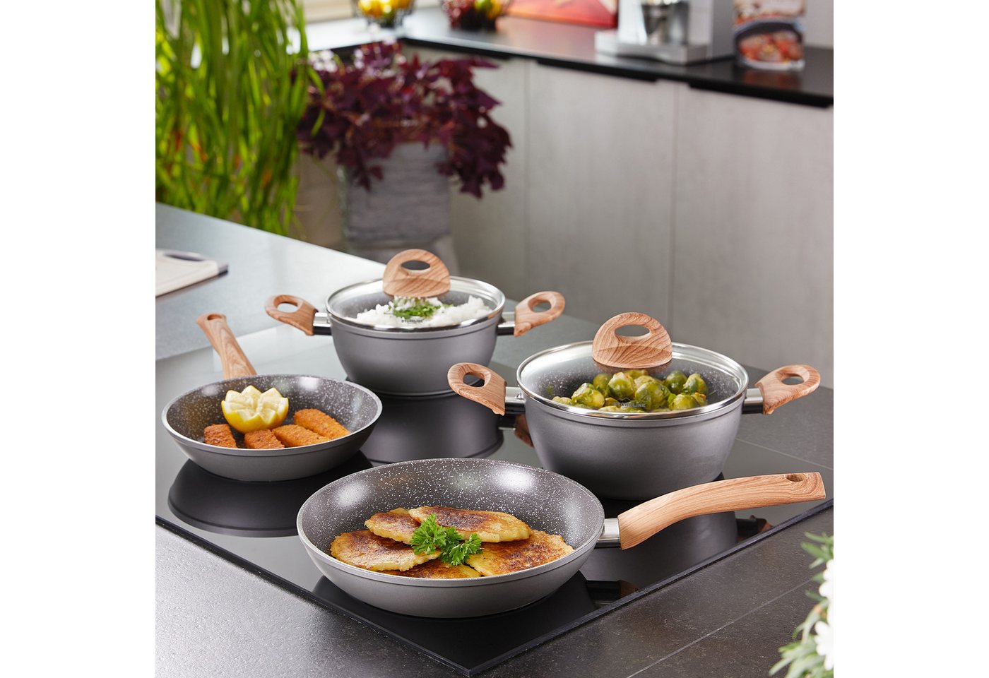 STONELINE Topf-Set STONELINE® 17-teiliges Koch-Set, mit Glasdeckeln, Keramik, Aluminium (Set, 17-tlg), mit echten Steinpartikeln, induktionsgeeignet – Bild 4 von 5