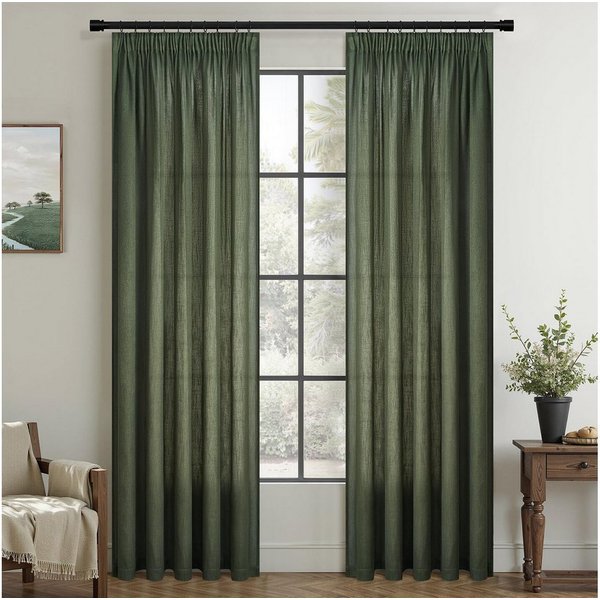 Topfinel Gardine Leinenoptik vorhänge mit kräuselband halbtransparent wohnzimmer (2 St), Kräuselband, halbtransparent, modern boho RetroGrün 140x160cm kinderzim
