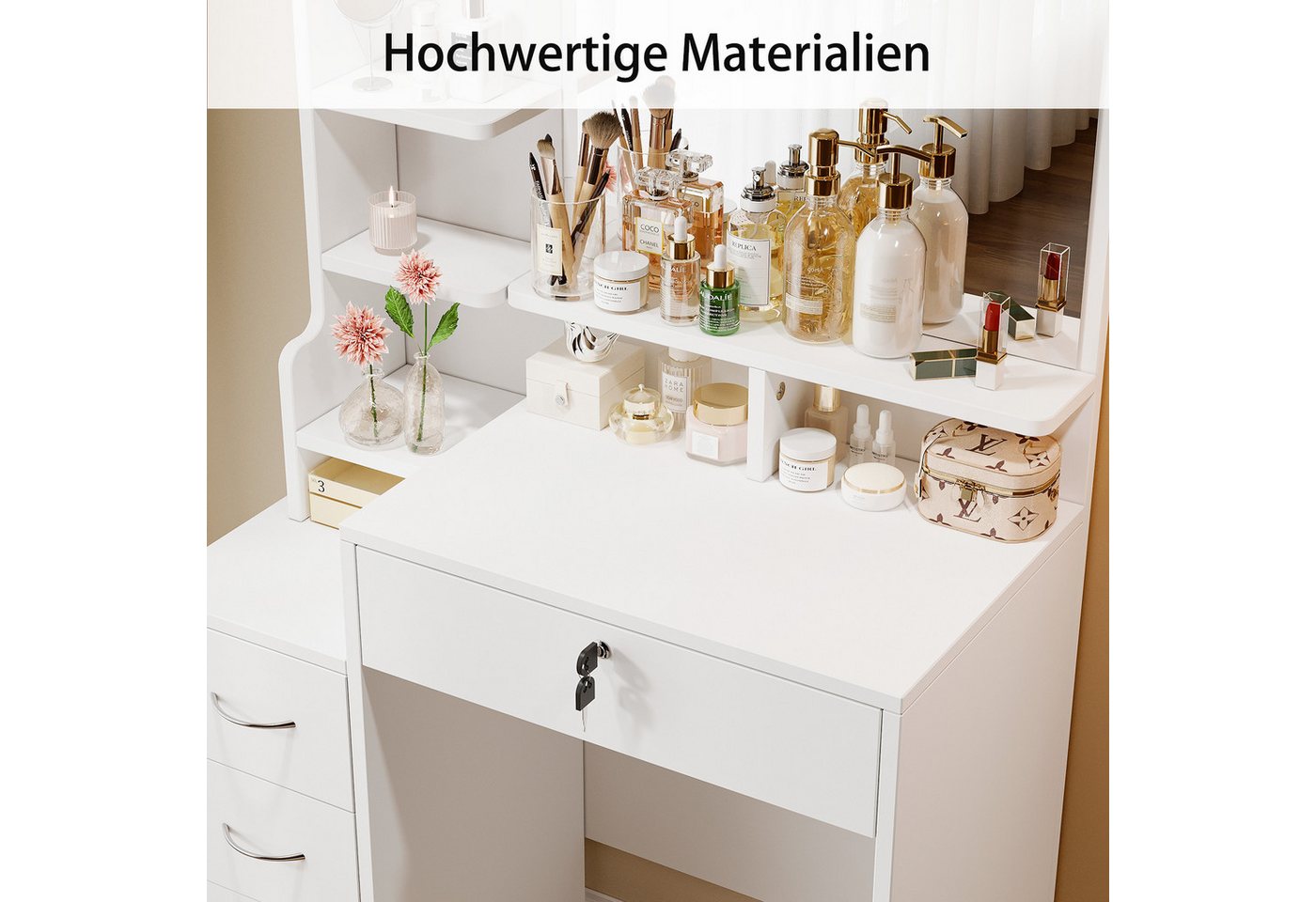 ToteBox Schminktisch 4 Schubladen 7 Fächer Ecke Schminktisch mit Spiegel und Hocker (set) – Bild 4 von 5
