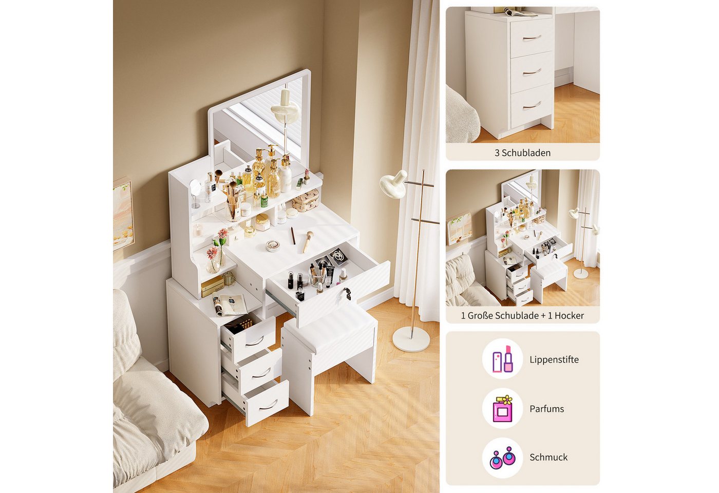 ToteBox Schminktisch 4 Schubladen 7 Fächer Ecke Schminktisch mit Spiegel und Hocker (set) – Bild 5 von 5