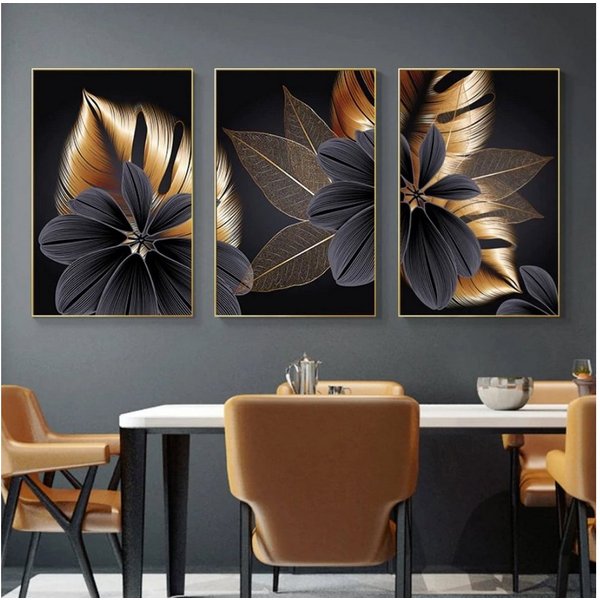 TPFLiving Kunstdruck (OHNE RAHMEN) Poster - Leinwand - Wandbild, Goldene und schwarze Blätter - (3 Motive und in 17 Größen zur Auswahl - Günstiges 3-er Set), Fa