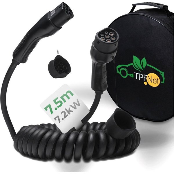 TPFNet Typ 2 Spiral Kabel E-Auto 7.2kW Ladekabel 32A Autoladekabel, Typ 2-Stecker, Typ 2 (750 cm), Elektroauto Ladekabel Typ 2, IP65 geschützt, 1-Phasig, 7,5m