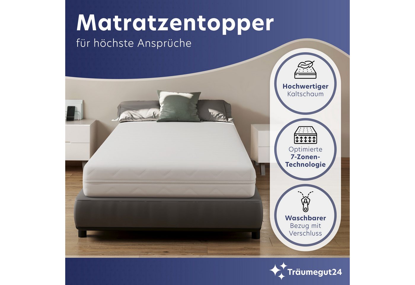 Träumegut24, Topper 10cm hoher ergonomischer 7-Zonen Kaltschaum Topper - H2&H3, 10 cm hoch, Kaltschaum, verschiedene Größen und Härtegrade – Bild 3 von 5