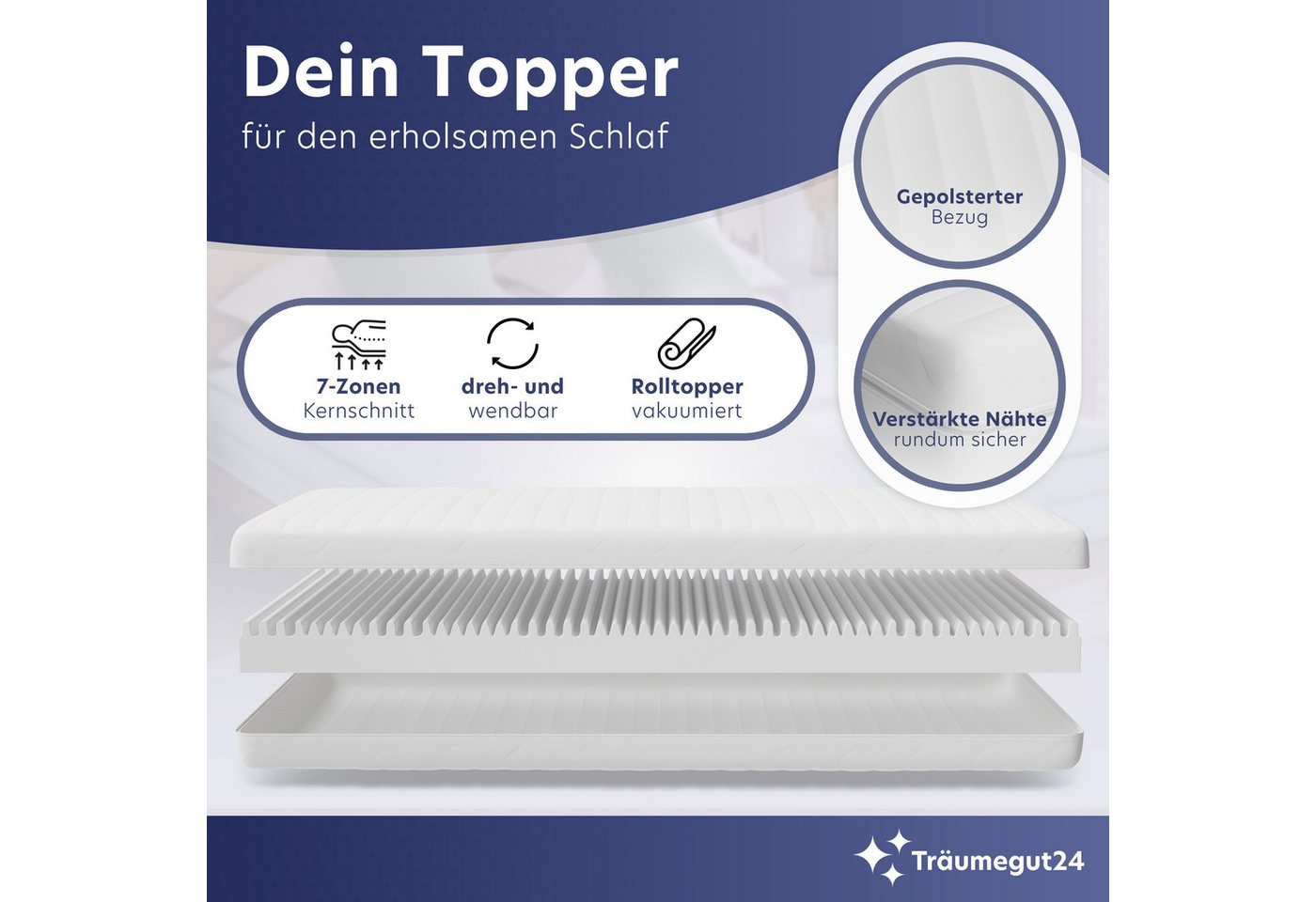 Träumegut24, Topper 10cm hoher ergonomischer 7-Zonen Kaltschaum Topper - H2&H3, 10 cm hoch, Kaltschaum, verschiedene Größen und Härtegrade – Bild 5 von 5