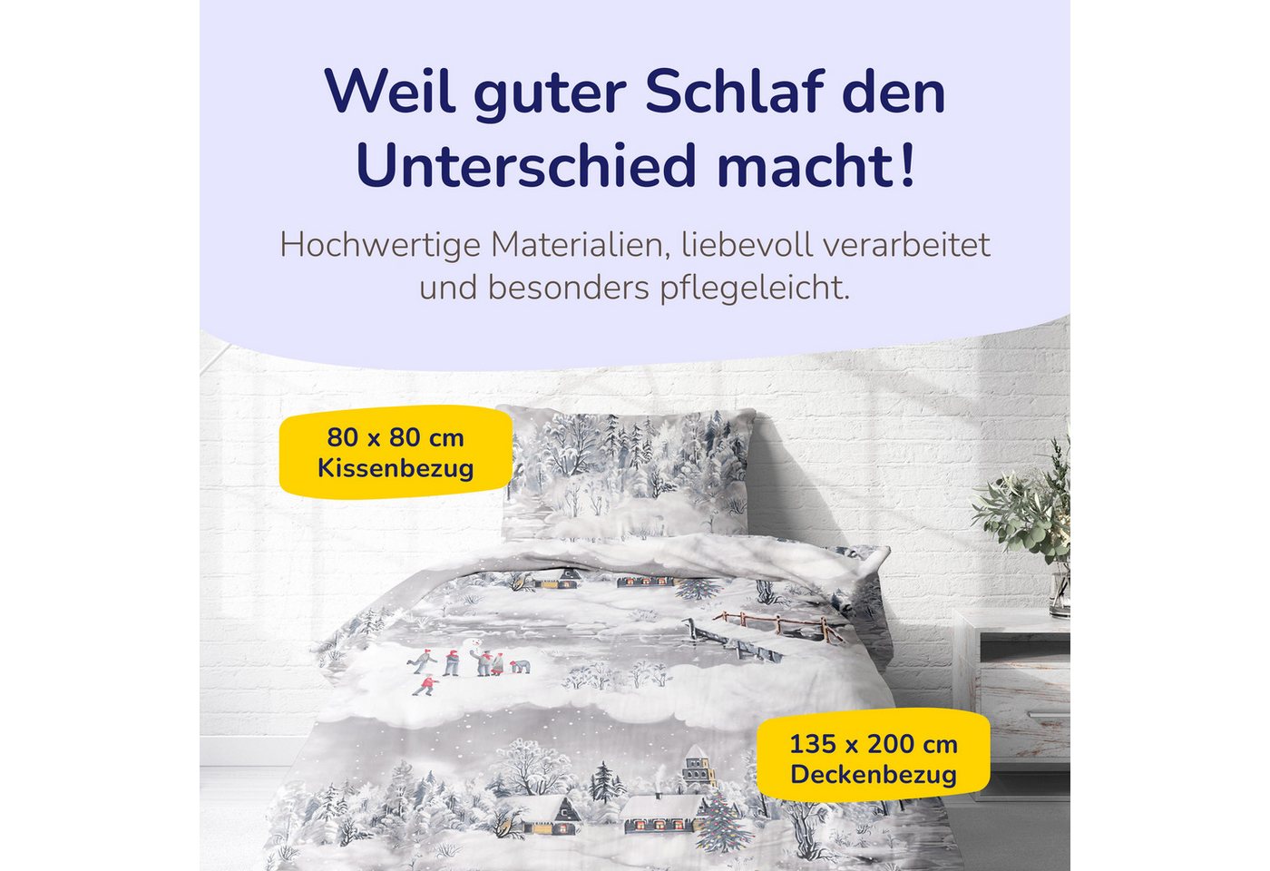 Träumschön Bettwäsche Biber 135x200 cm oder 155x220 cm, Weihnachten Schneelandschaft, Biber, 2 teilig, mit Reißverschluss, 100% Baumwolle, kuschelig warm im Win – Bild 2 von 5