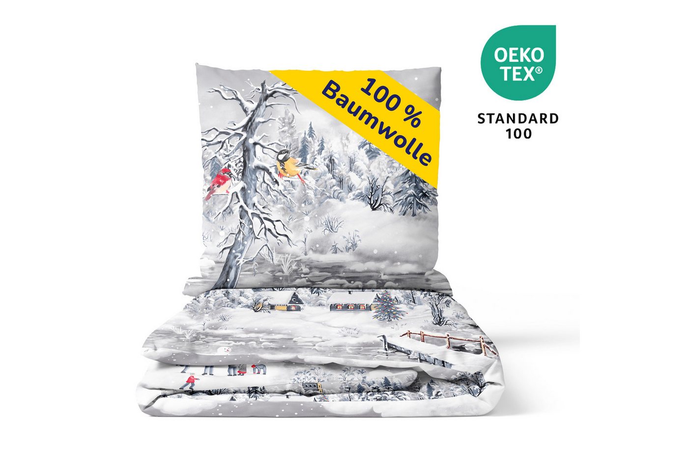 Träumschön Bettwäsche Biber 135x200 cm oder 155x220 cm, Weihnachten Schneelandschaft, Biber, 2 teilig, mit Reißverschluss, 100% Baumwolle, kuschelig warm im Win – Bild 3 von 5