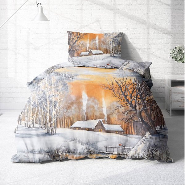 Träumschön Bettwäsche Biber 135x200 cm oder 155x220 cm, Weihnachten Schneelandschaft, Biber, 2 teilig, mit Reißverschluss, 100% Baumwolle, kuschelig warm im Win