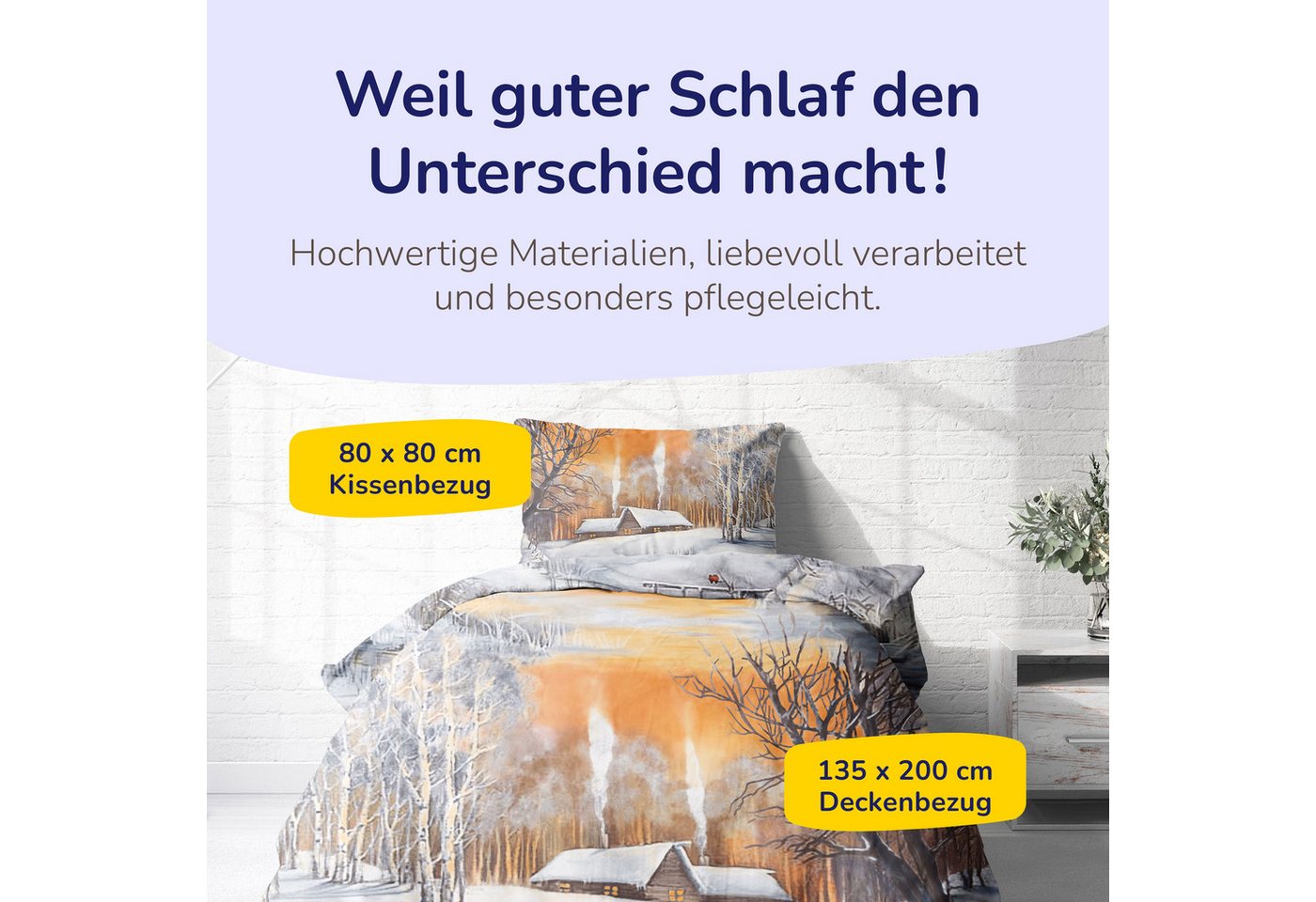 Träumschön Bettwäsche Biber 135x200 cm oder 155x220 cm, Weihnachten Schneelandschaft, Biber, 2 teilig, mit Reißverschluss, 100% Baumwolle, kuschelig warm im Win – Bild 2 von 5