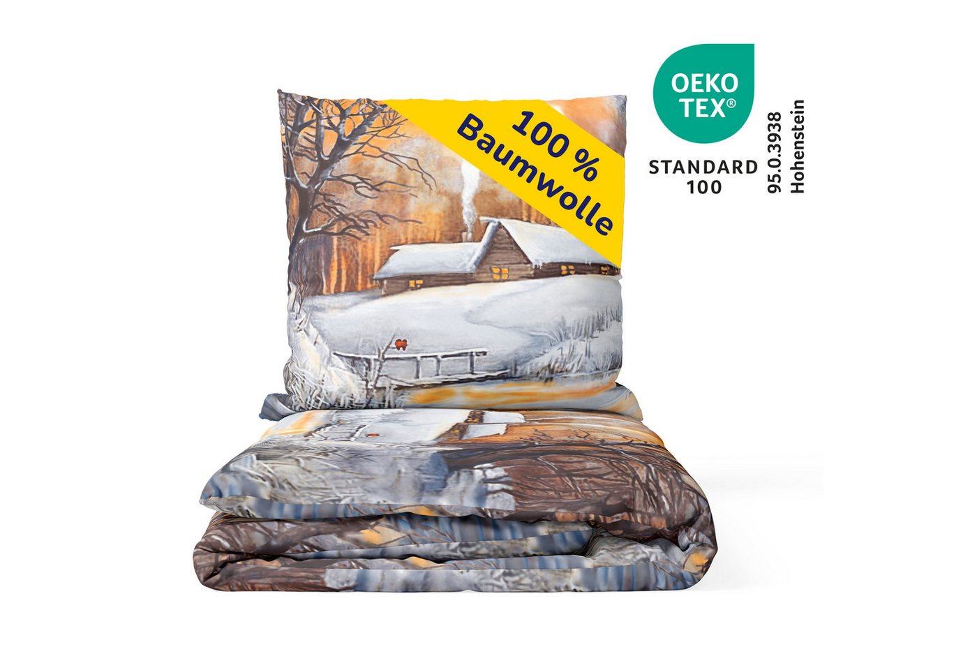 Träumschön Bettwäsche Biber 135x200 cm oder 155x220 cm, Weihnachten Schneelandschaft, Biber, 2 teilig, mit Reißverschluss, 100% Baumwolle, kuschelig warm im Win – Bild 3 von 5