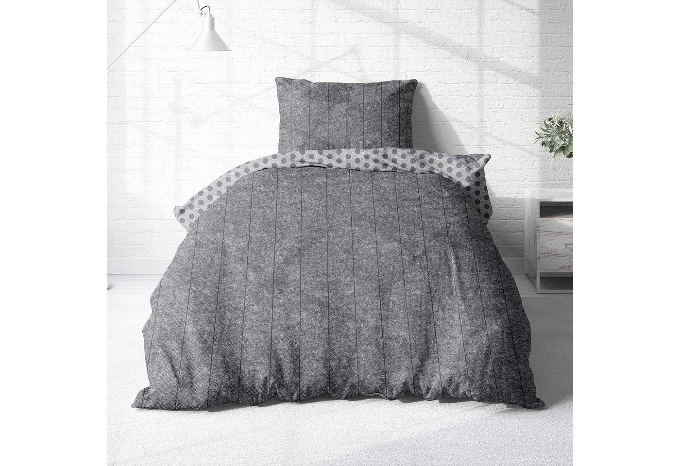 Träumschön Bettwäsche Biber 135x200 oder 155x220 cm, Wende-Design Punkte Streifen, Biber, 2 teilig, mit Reißverschluss, 100% Baumwolle, kuschelig warm im Winter – Bild 2 von 5