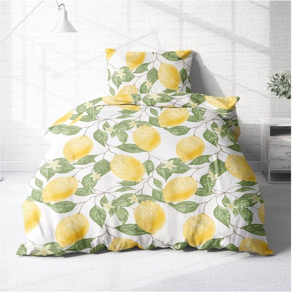 Träumschön Bettwäsche Premium Bettwäsche 135x200 oder 155x220 cm, Zitronen Muster weiß gelb, Renforcé, 2 teilig, mit Reißverschluss, 100% Baumwolle, luftig leic