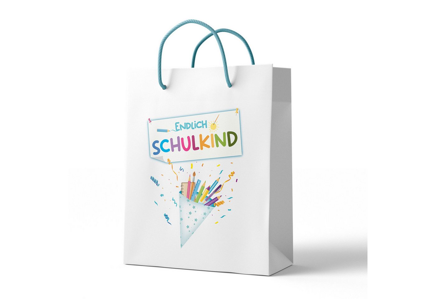 itenga Tragetasche itenga Geschenktüte mit Kordel - Endlich Schulkind WEISS - Motiv SCHUL – Bild 2 von 4