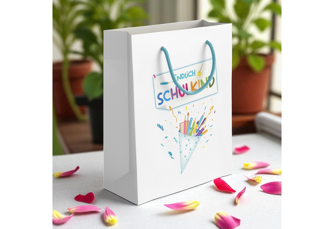 itenga Tragetasche itenga Geschenktüte mit Kordel - Endlich Schulkind WEISS - Motiv SCHUL – Bild 4 von 4