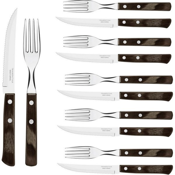 Tramontina Steakbesteck Pizzabesteck, 12-tlg. Set - mit FSC Holzgriff (12-tlg), 6 Personen, Edelstahl, scharfe Klinge, FSC Echtholzgriffe, spülmaschinenfest