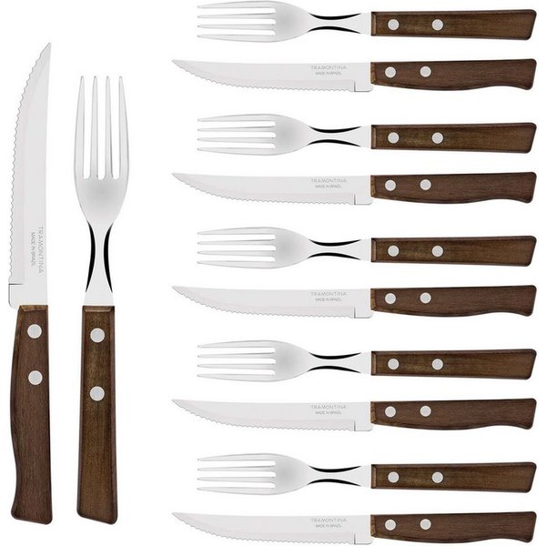 Tramontina Steakbesteck TRADICIONAL Steak-/Pizzabesteck - Holzgriff (12-tlg), 6 Personen, Edelstahl, 12-teiliges Set, rostfreier Edelstahl, Holzgriff
