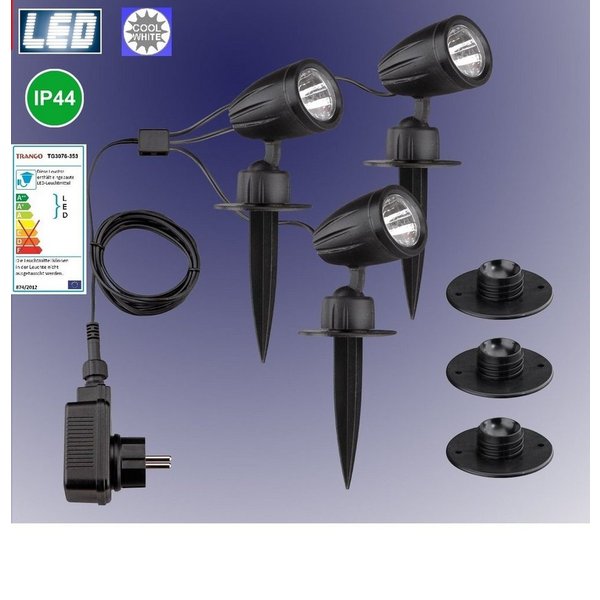 TRANGO LED Gartenstrahler, 3-flammig 3076-356 IP44 LED Gartenstrahler mit Timerfunktion *JOE* Außenleuchte inkl. 3x LED Modul Leuchtmittel 6000K Tageslichtweiß 