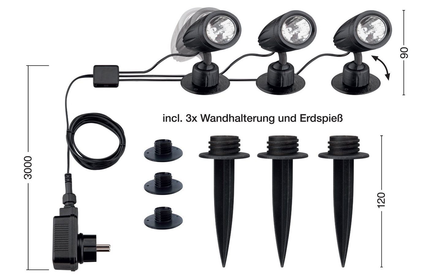 TRANGO LED Gartenstrahler, 3-flammig 3076-356 IP44 LED Gartenstrahler mit Timerfunktion *JOE* Außenleuchte inkl. 3x LED Modul Leuchtmittel 6000K Tageslichtweiß  – Bild 2 von 3