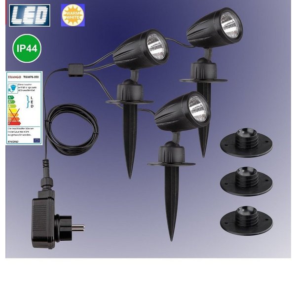 TRANGO LED Gartenstrahler, 3-flammig 3076-353 IP44 LED Gartenlampe *JOE* Außenleuchte, Strahler inkl. 3x LED Modul Leuchtmittel 3000K warmweiß & Zuleitungskabel