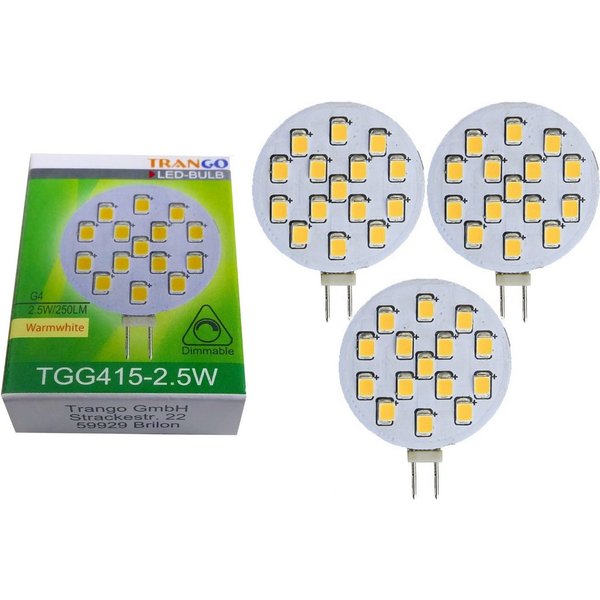 TRANGO LED-Leuchtmittel, 3er Pack G415-2.5/3 LED Leuchtmittel G4 Fassung zum Austausch G4 MR16 Halogen Leuchtmittel 12Volt AC/DC - 2.5 Watt 250 Lumen 3000K warm