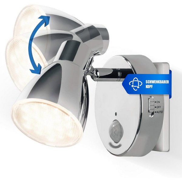 TRANGO LED Nachtlicht, Bewegungsmelder, 2635-018 LED Sensor Steckdosenlampe *MILO* mit Automatikfunktion in Chrom Sicherheitslicht 230V, Wandlampe, Orientierung