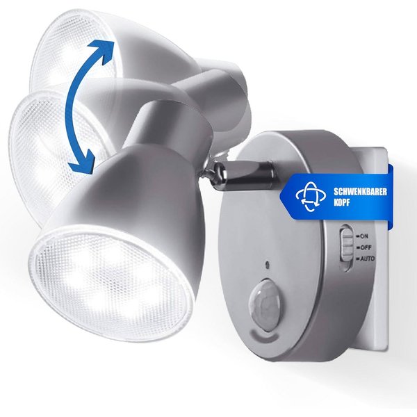 TRANGO LED Nachtlicht, Bewegungsmelder, 2635-014 LED Sensor Steckdosenlampe *MILO* mit Automatikfunktion in Silber Sicherheitslicht 230V, Wandlampe, Orientierun