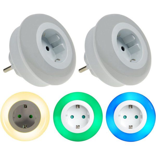 TRANGO LED Nachtlicht, Farbwechsel, 2er Set 11-253 LED Kindernachtlicht mit Steckdose *ALEX* Orientierungslicht, Nachtlampe incl. Helligkeits- Dämmerungssensor 