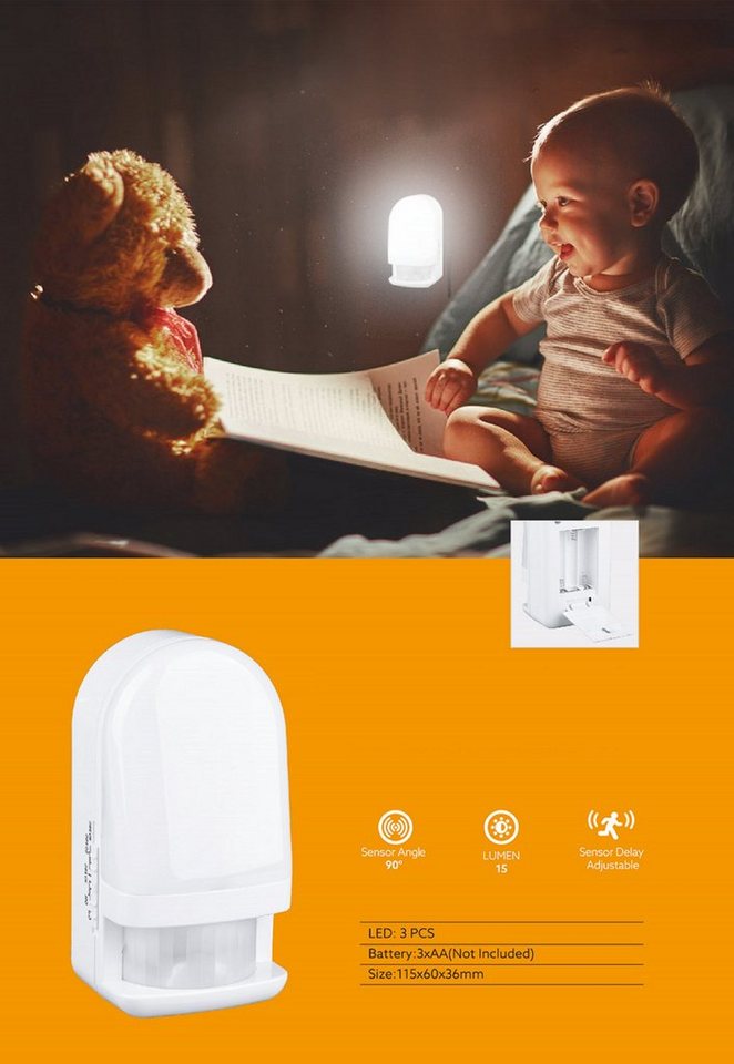 TRANGO LED Nachtlicht, Bewegungsmelder, 2er Set 11-239 LED Sensor Nachtlicht in Weiß mit Automatikfunktion I Betrieb mit 3x AAA Batterie (nicht enthalten) mit B – Bild 2 von 5