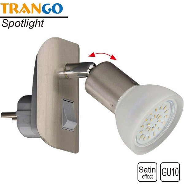 TRANGO LED Steckdosenleuchte, 11-042 LED Steckerleuchte im Edelstahl-Look mit Glas-Lampenschirm, Stecker-Nachtlicht inkl. 1x GU10 LED Leuchtmittel 3000K warmwei