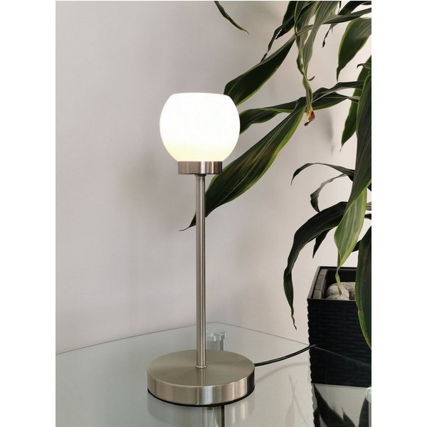 TRANGO LED Tischleuchte, 2018-06 LED Schreibtischlampe in Nickel matt mit satinierte Glasschirm Serie *EARTH * Tischlampe, Nachttischlampe, Fensterbankleuchte, 