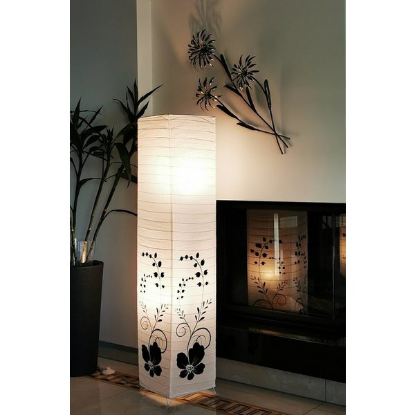 TRANGO Stehlampe, 1210 Design Standleuchte *GREECE* Reispapierlampe *HANDMADE* in Weiß mit floralem Motiv I inkl. 2x E14 Fassung (ihne Leuchtmittel) Form: eckig