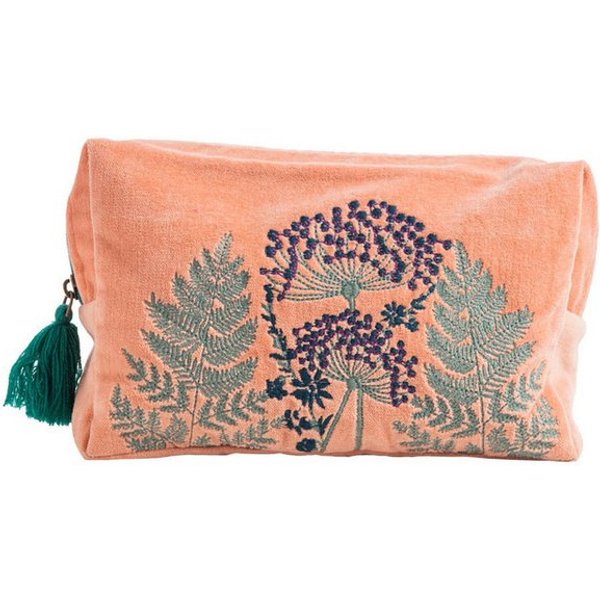 Tranquillo Kosmetiktasche Groß aus Bio-Baumwolle VELVET LEAVES 24x14x8 cm mit Reißverschluss, Samt-Kulturbeutel mit floraler Stickerei für Accessoires und Makeu