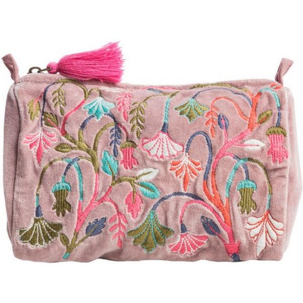 Tranquillo Kosmetiktasche Groß aus Bio-Baumwolle VELVET MEADOW 20x14x9 cm mit Reißverschluss, Kulturbeutel Samtoberfläche, florale Stickerei, Makeup & Accessoir