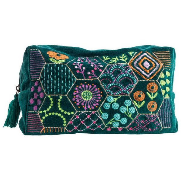 Tranquillo Kosmetiktasche Groß aus Bio-Baumwolle VELVET BLOOM ART 24x14x8 cm mit Reißverschluss, Samt-Kulturbeutel mit bunter Stickerei für Accessoires und Make