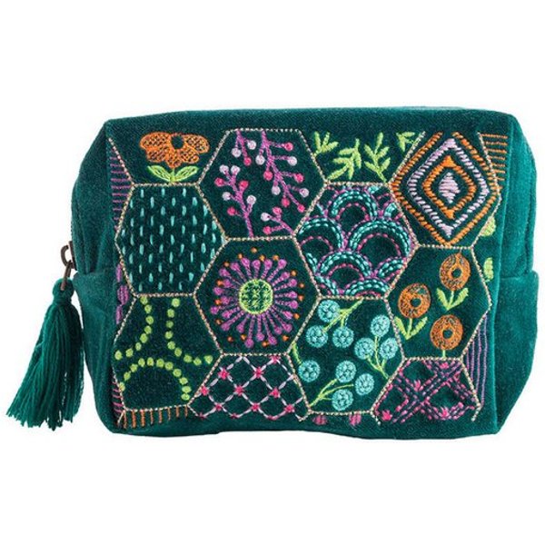 Tranquillo Kosmetiktasche Klein aus Bio-Baumwolle VELVET BLOOM ART 16x12x7 cm mit Reißverschluss, Samtige Oberfläche mit aufwendiger Stickerei für Accessoires &