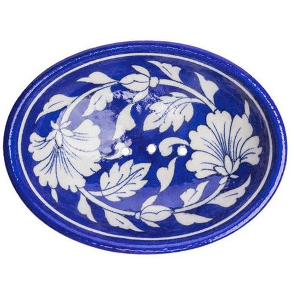 Tranquillo Seifenschale aus Keramik BLUE POTTERY oval 13x10x4 cm handbemalt mit Motiv blau, Breite: 10 cm, Handgeformte Seifenschale aus Keramik mit traditionel