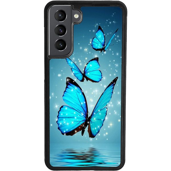 Traumhuelle Handyhülle TPU HÜLLE Silikon MOTIV 4 Case Cover Schutzhülle Backcover Etui 5G, Schmetterling Blau Handy Bumper Smartphone Rückschale Schwarz
