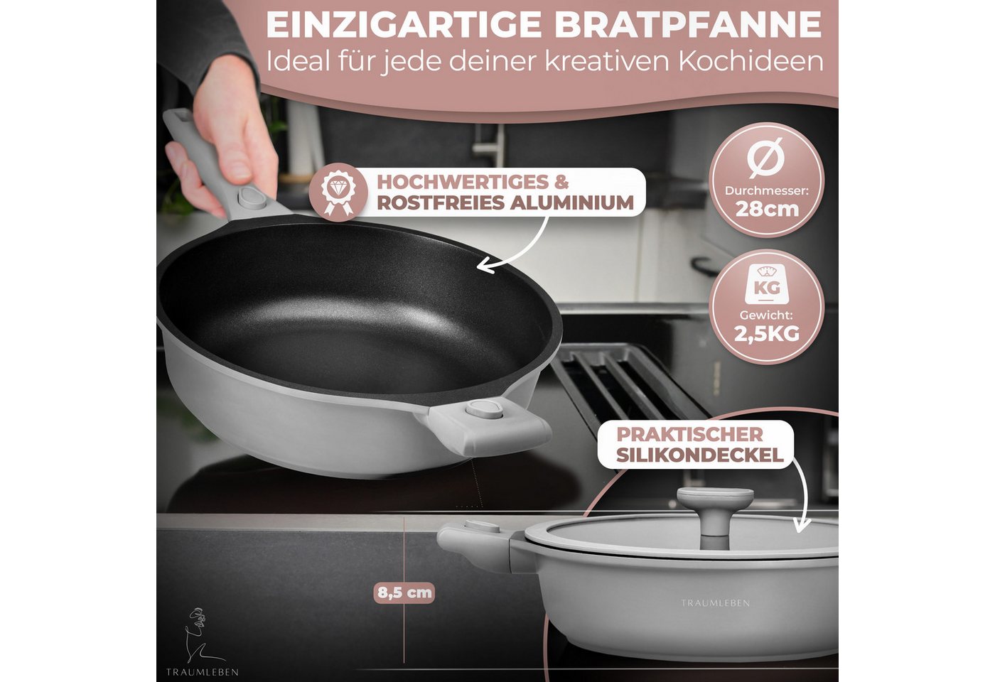 TRAUMLEBEN Bratpfanne 28cm, mit Deckel, abnehmbaren Griffen, Induktion, backofenfest, aus Aluminium, Beschichtete Pfanne, hoher Rand – Bild 2 von 5