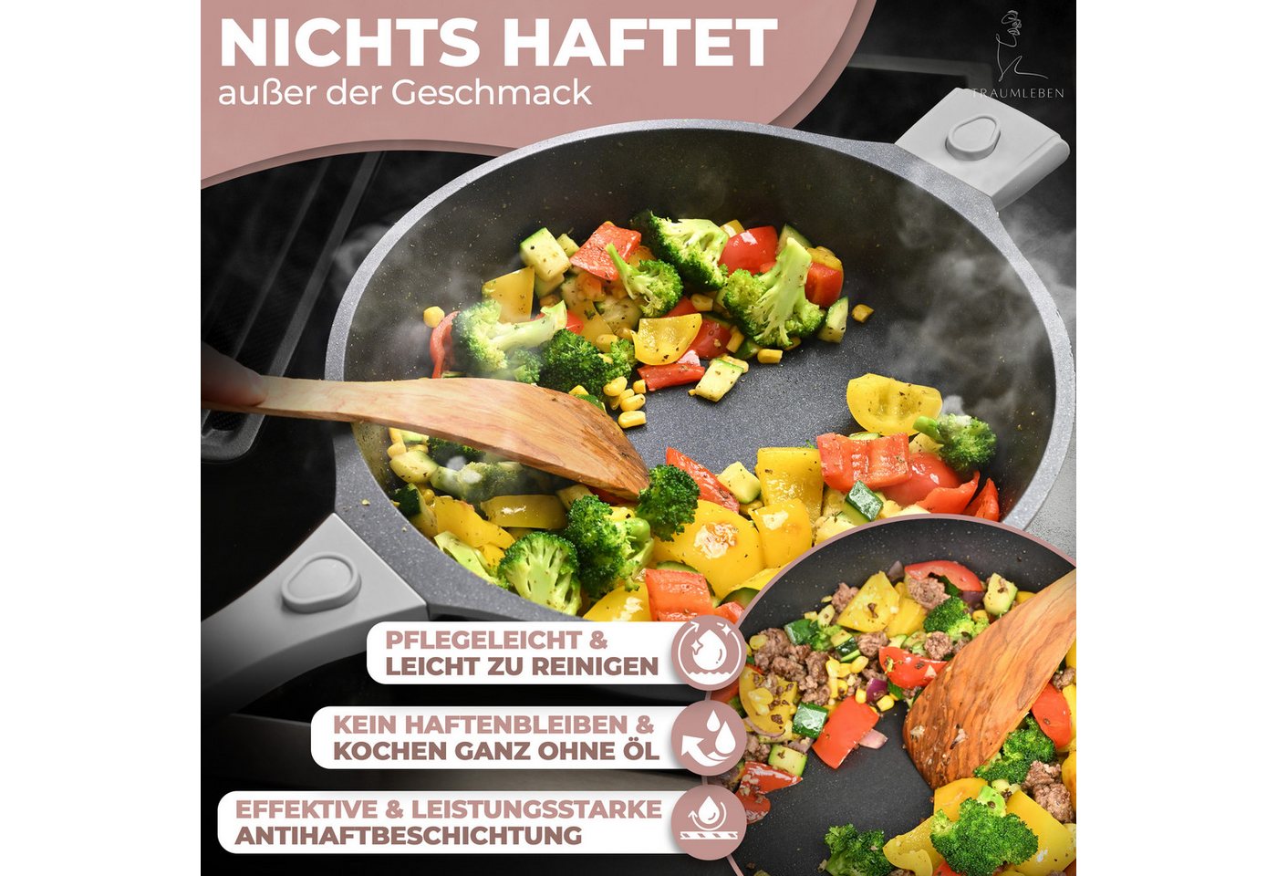 TRAUMLEBEN Bratpfanne 28cm, mit Deckel, abnehmbaren Griffen, Induktion, backofenfest, aus Aluminium, Beschichtete Pfanne, hoher Rand – Bild 3 von 5