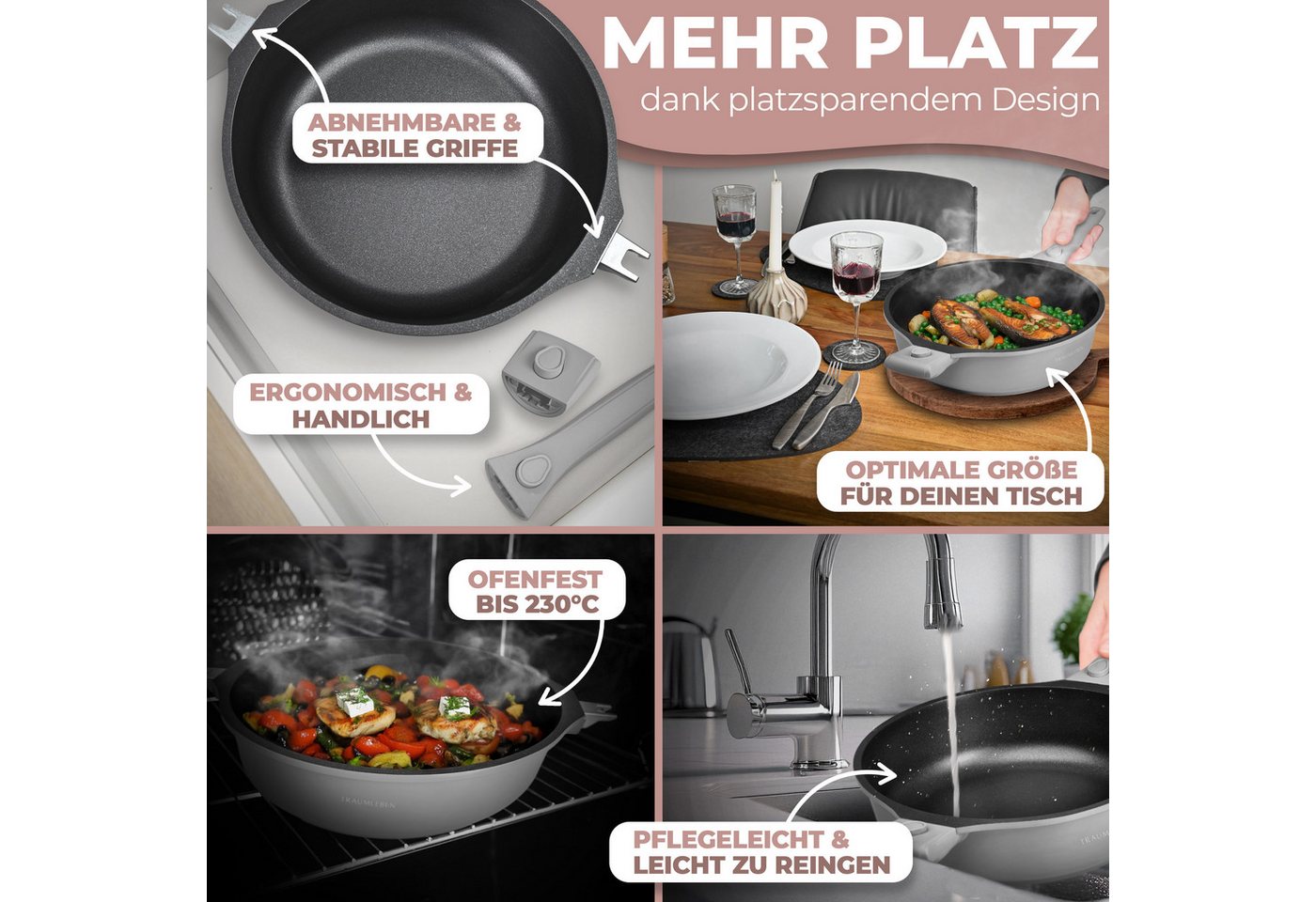 TRAUMLEBEN Bratpfanne 28cm, mit Deckel, abnehmbaren Griffen, Induktion, backofenfest, aus Aluminium, Beschichtete Pfanne, hoher Rand – Bild 4 von 5