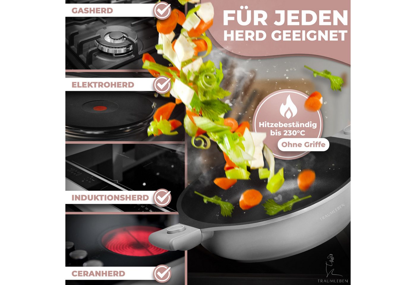 TRAUMLEBEN Bratpfanne 28cm, mit Deckel, abnehmbaren Griffen, Induktion, backofenfest, aus Aluminium, Beschichtete Pfanne, hoher Rand – Bild 5 von 5