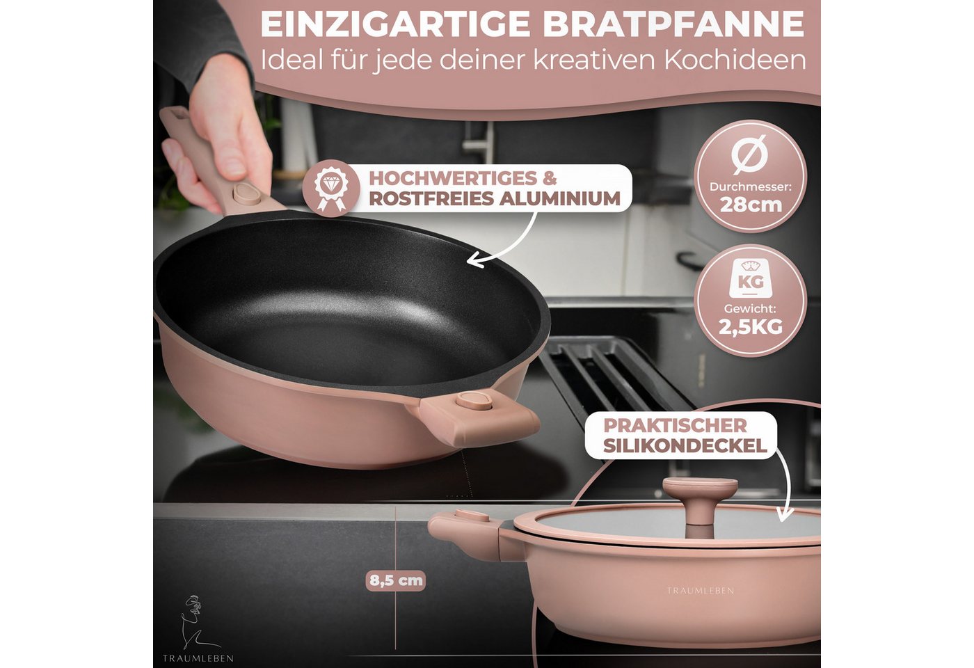 TRAUMLEBEN Bratpfanne 28cm, mit Deckel, abnehmbaren Griffen, Induktion, backofenfest, aus Aluminium, Beschichtete Pfanne, hoher Rand – Bild 2 von 5