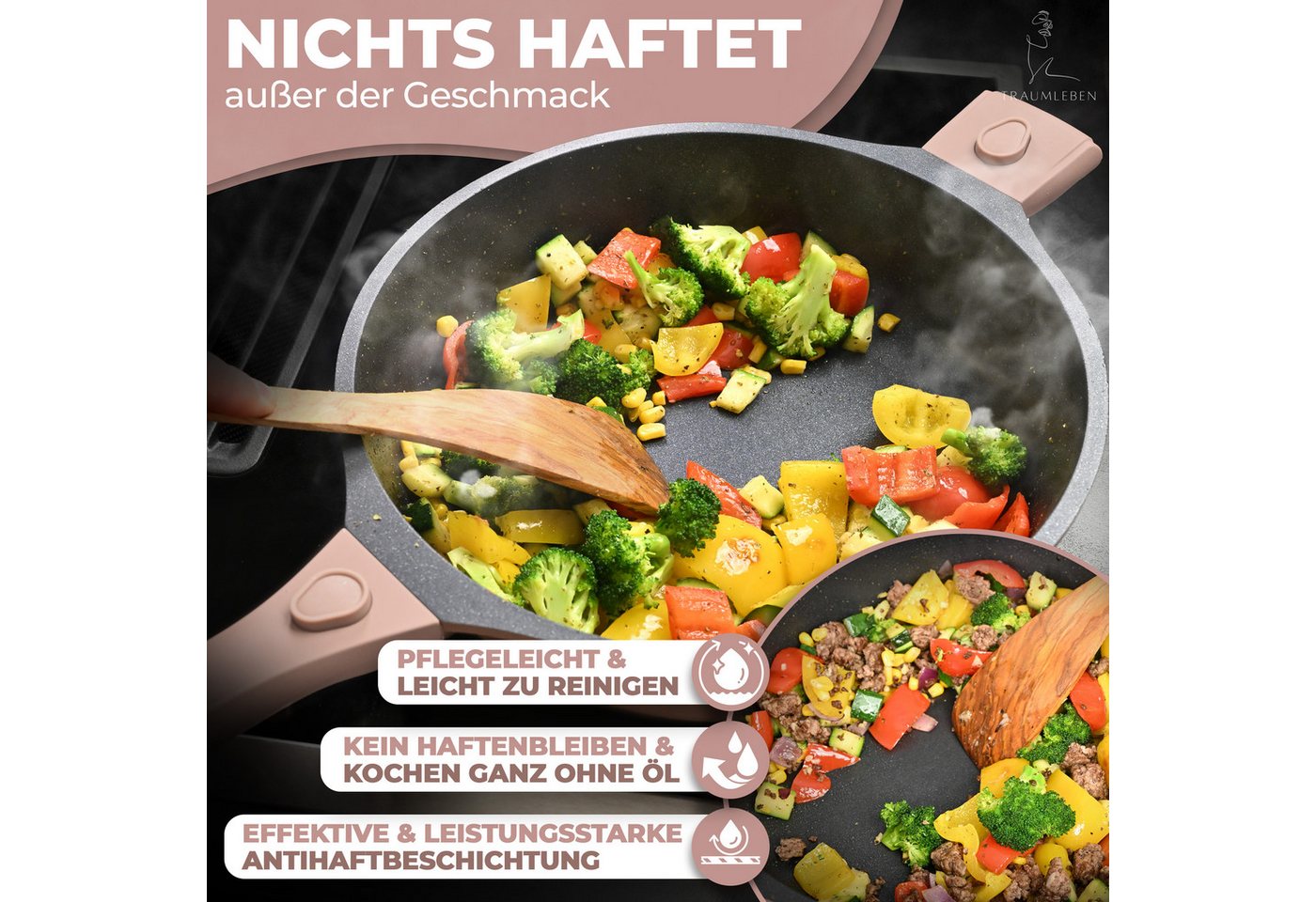 TRAUMLEBEN Bratpfanne 28cm, mit Deckel, abnehmbaren Griffen, Induktion, backofenfest, aus Aluminium, Beschichtete Pfanne, hoher Rand – Bild 3 von 5