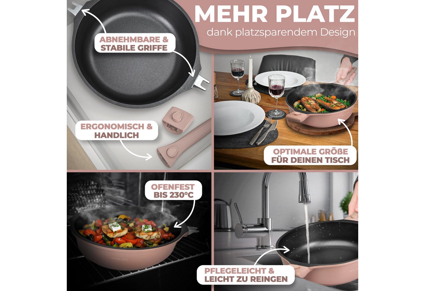 TRAUMLEBEN Bratpfanne 28cm, mit Deckel, abnehmbaren Griffen, Induktion, backofenfest, aus Aluminium, Beschichtete Pfanne, hoher Rand – Bild 4 von 5