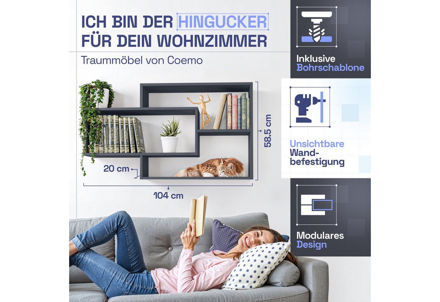 TRAUMMÖBEL Wandregal KARO, Modernes Schweberegal großes Hängeregal Wandregal Schwarz 104x20x59cm – Bild 3 von 5