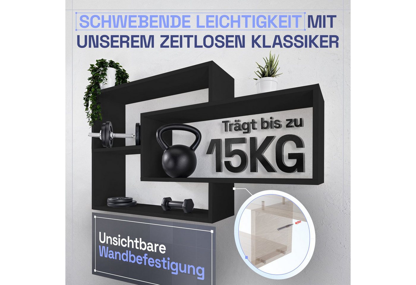 TRAUMMÖBEL Wandregal KARO, Modernes Schweberegal großes Hängeregal Wandregal Schwarz 104x20x59cm – Bild 5 von 5