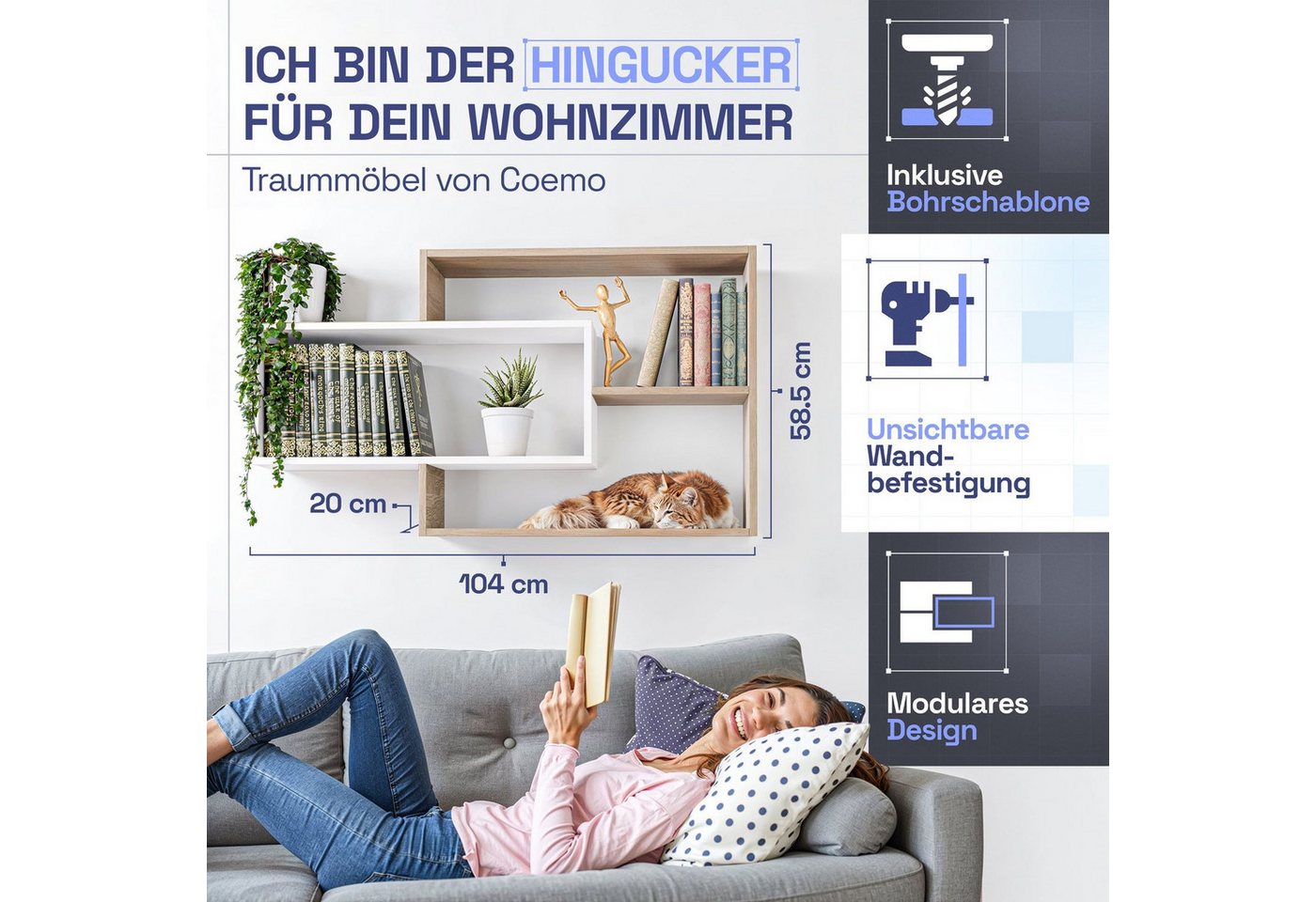 TRAUMMÖBEL Wandregal KARO, Modernes Schweberegal groß Hängeregal Wandregal Natur/Weiß 104x20x59cm – Bild 3 von 5